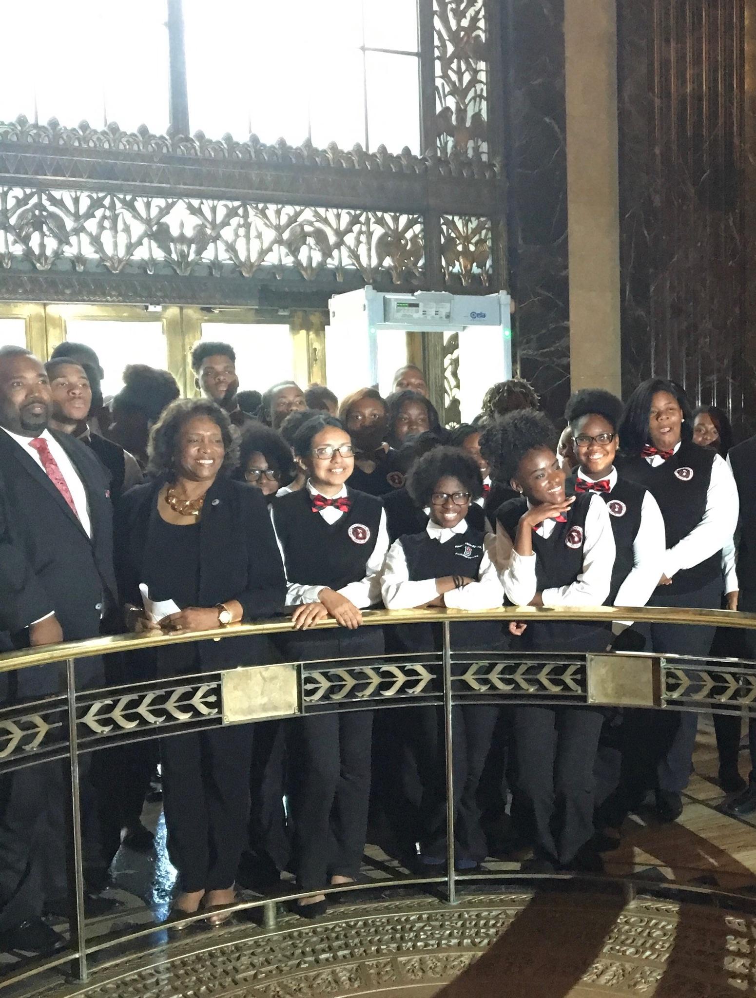 A photo of the Baker High School Band at the Louisiana State Capitol receiving a resolution for a year of exceptional performance
