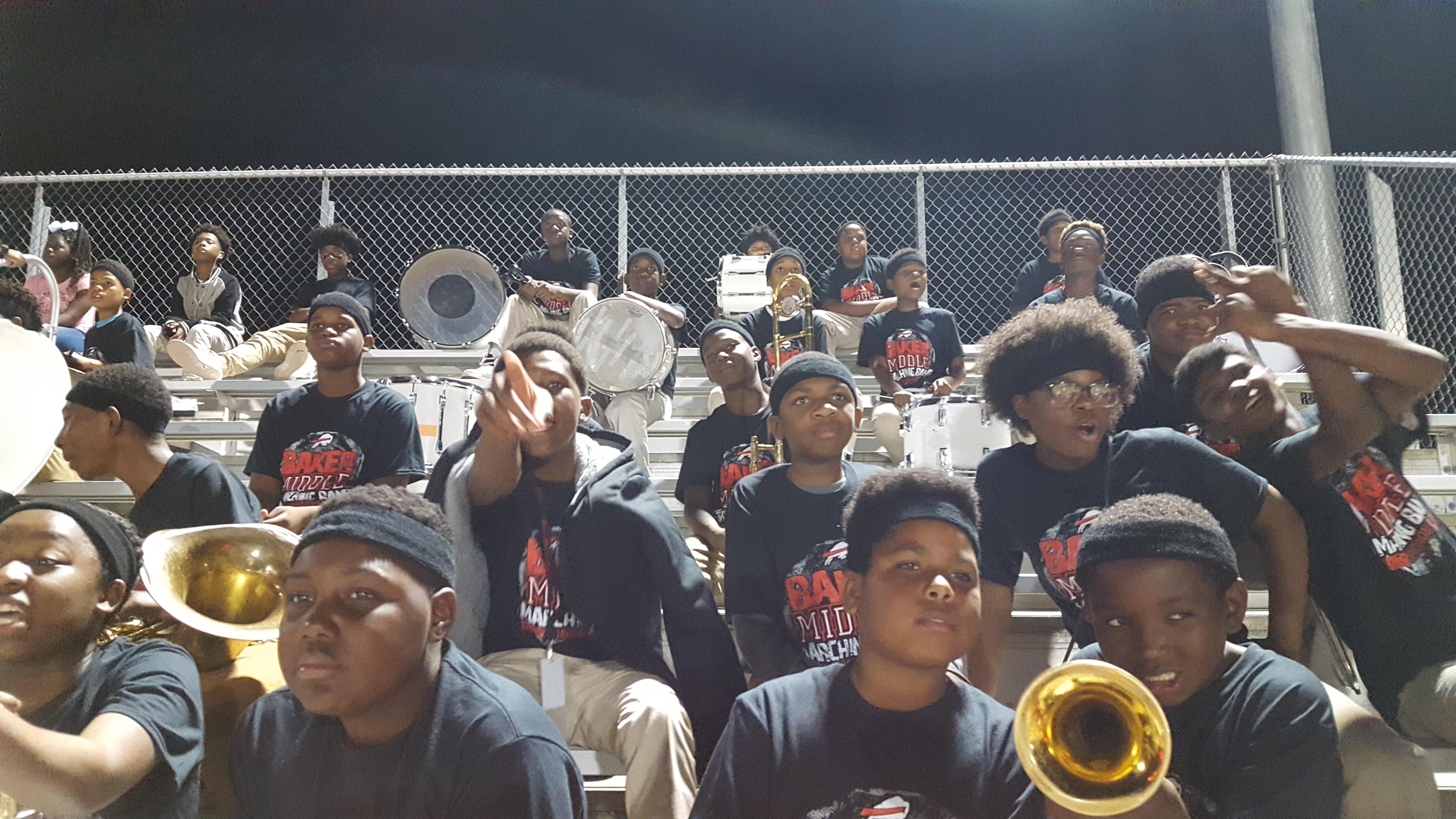 A candid photo of Baker Middle Band performing at Baker High School Football Game on November 3, 2017