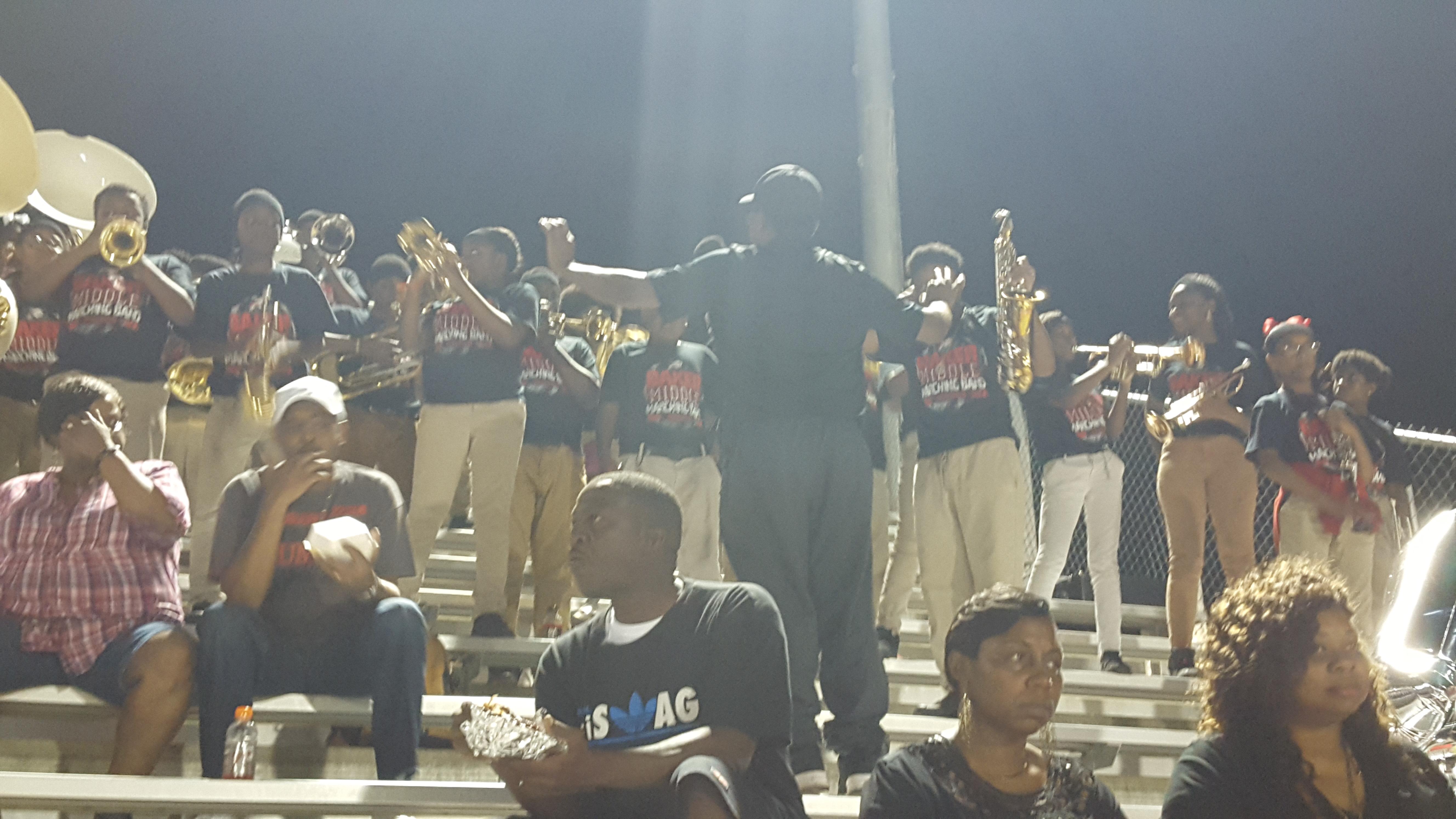 A candid photo of Baker Middle Band performing at Baker High School Football Game on November 3, 2017