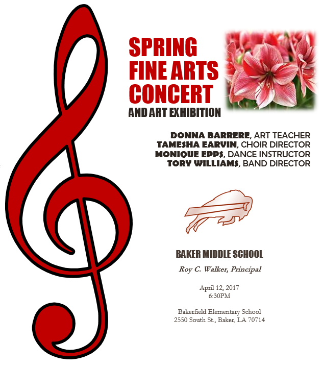 Flyer advertising the Baker Middle School Arts Concert  April 12th @ 6:30 p m
