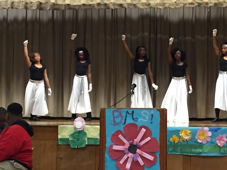 Photo of the Baker Middle School Dancers in Black and White Outfits