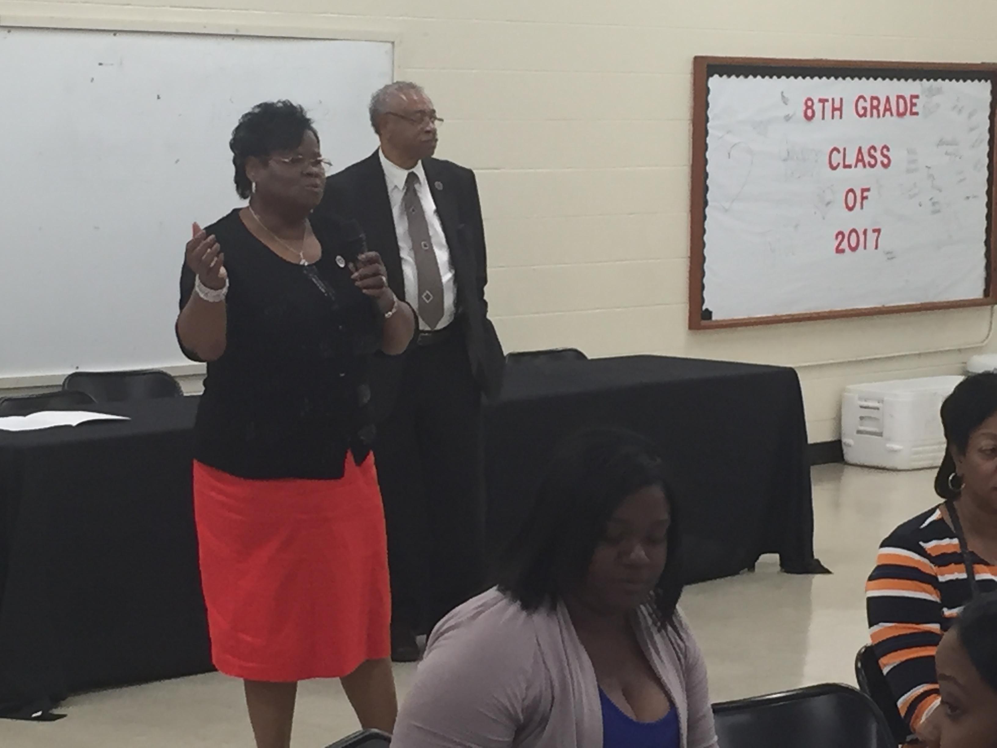 A photo of City of Baker School Board President Rosatina Johnson speaking to the employees at an end of year appreciation luncheon