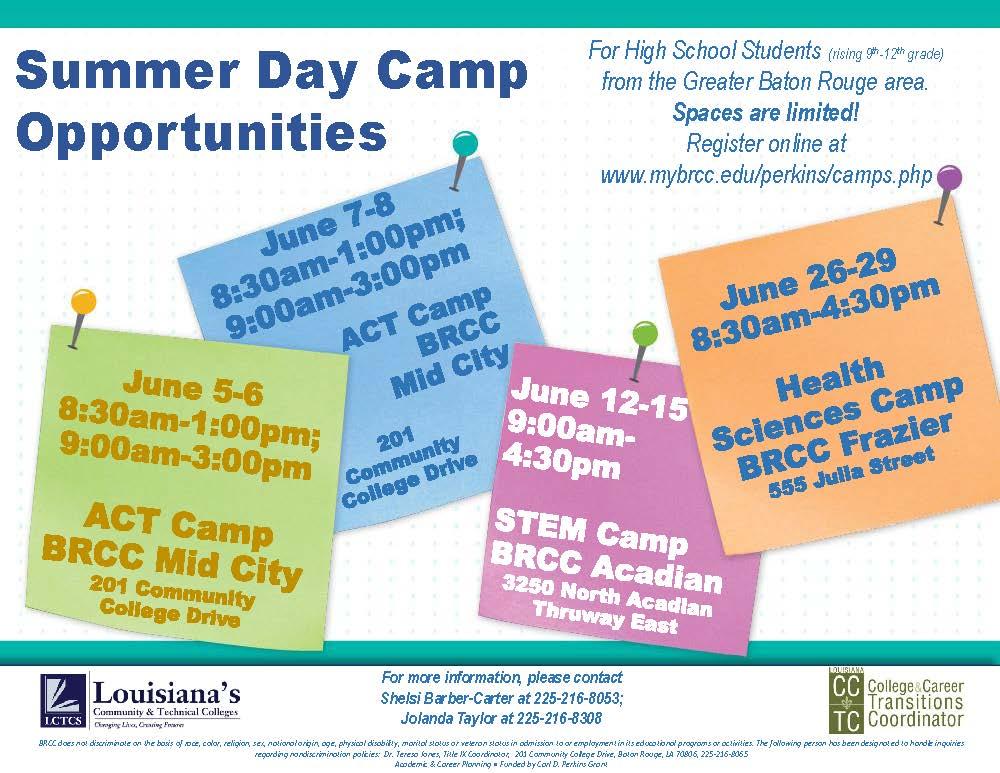 Photo of a poster advertising the various summer camps supported by Baton Rouge Community Collete