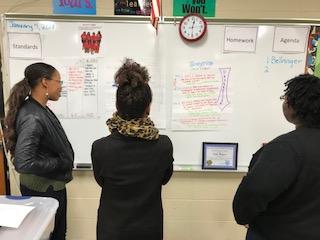 Photo of Baker science teachers with backs turned, facing science lesson on board
