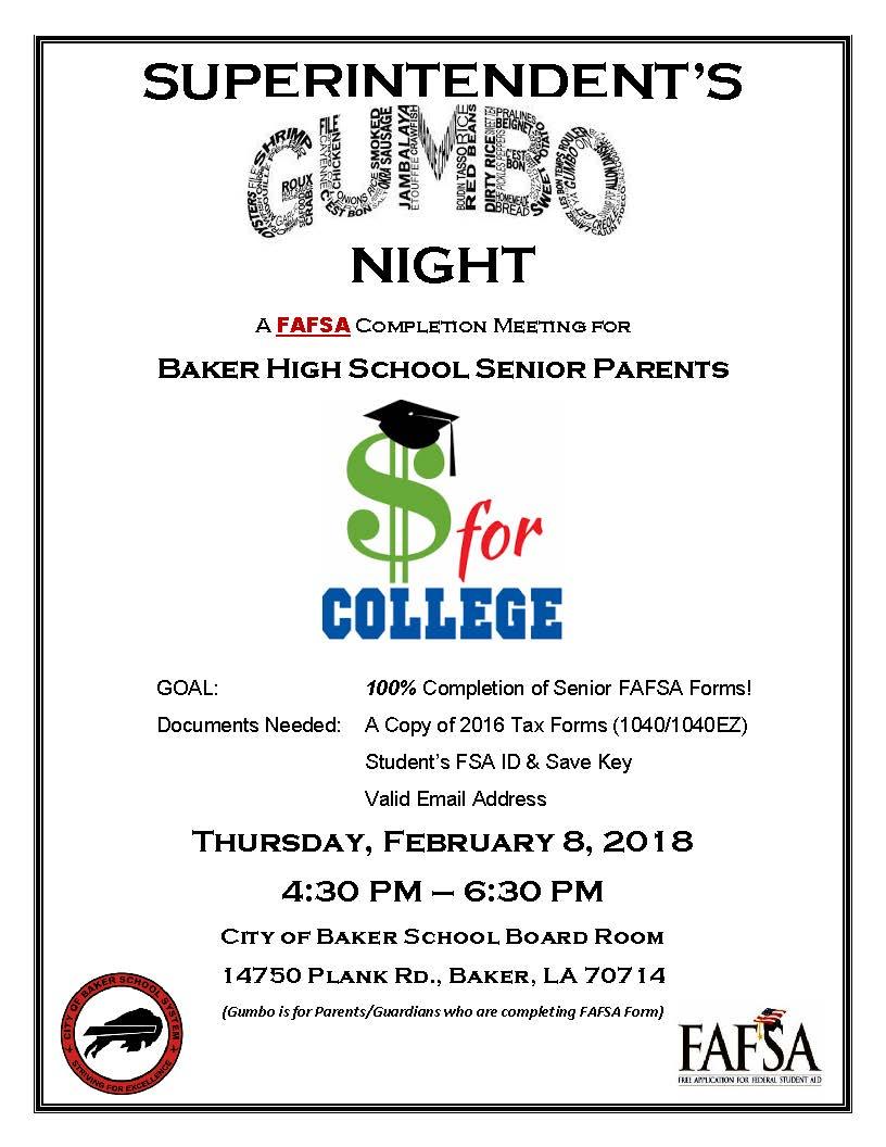 A poster promoting the Superintendent's Gumbo Night for parents to come and sign their children up for college financial aid