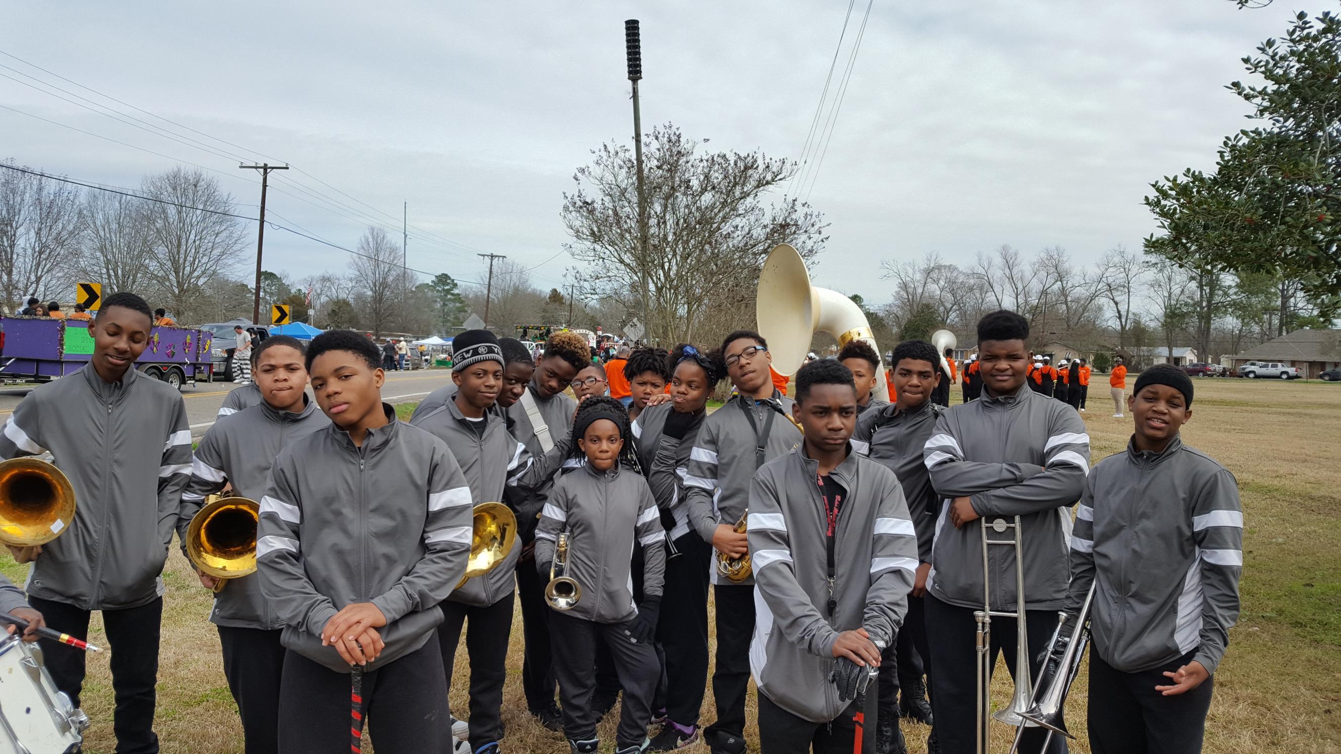 A photo of the Baker Middle School Band in New Roads for the two Mardi Gras Parades 2018