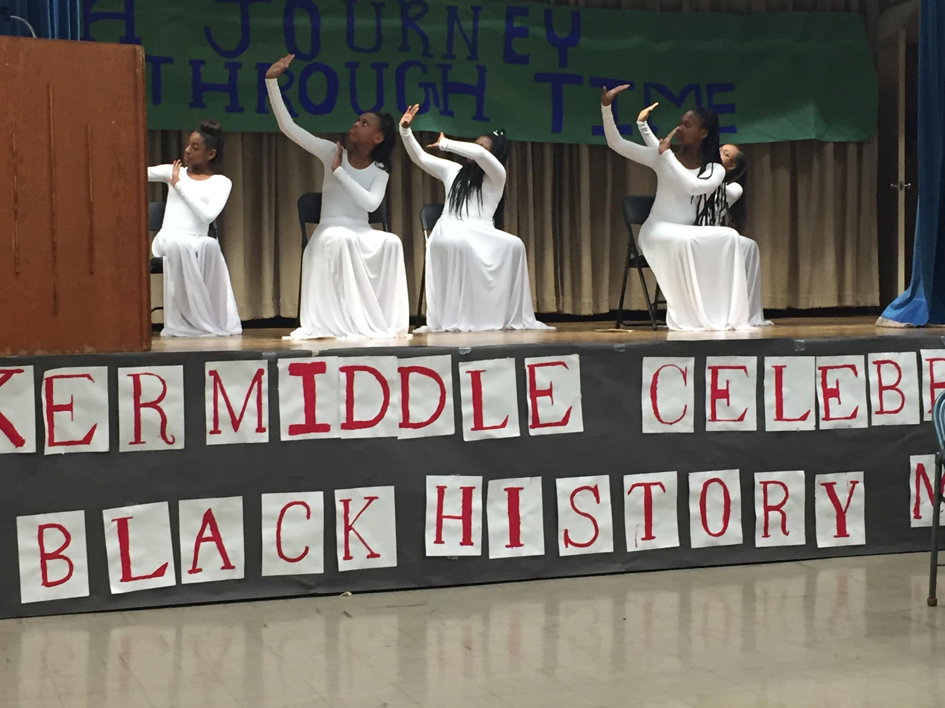 a photo of Baker Middle School dancers performing at the 2018 Black History Program