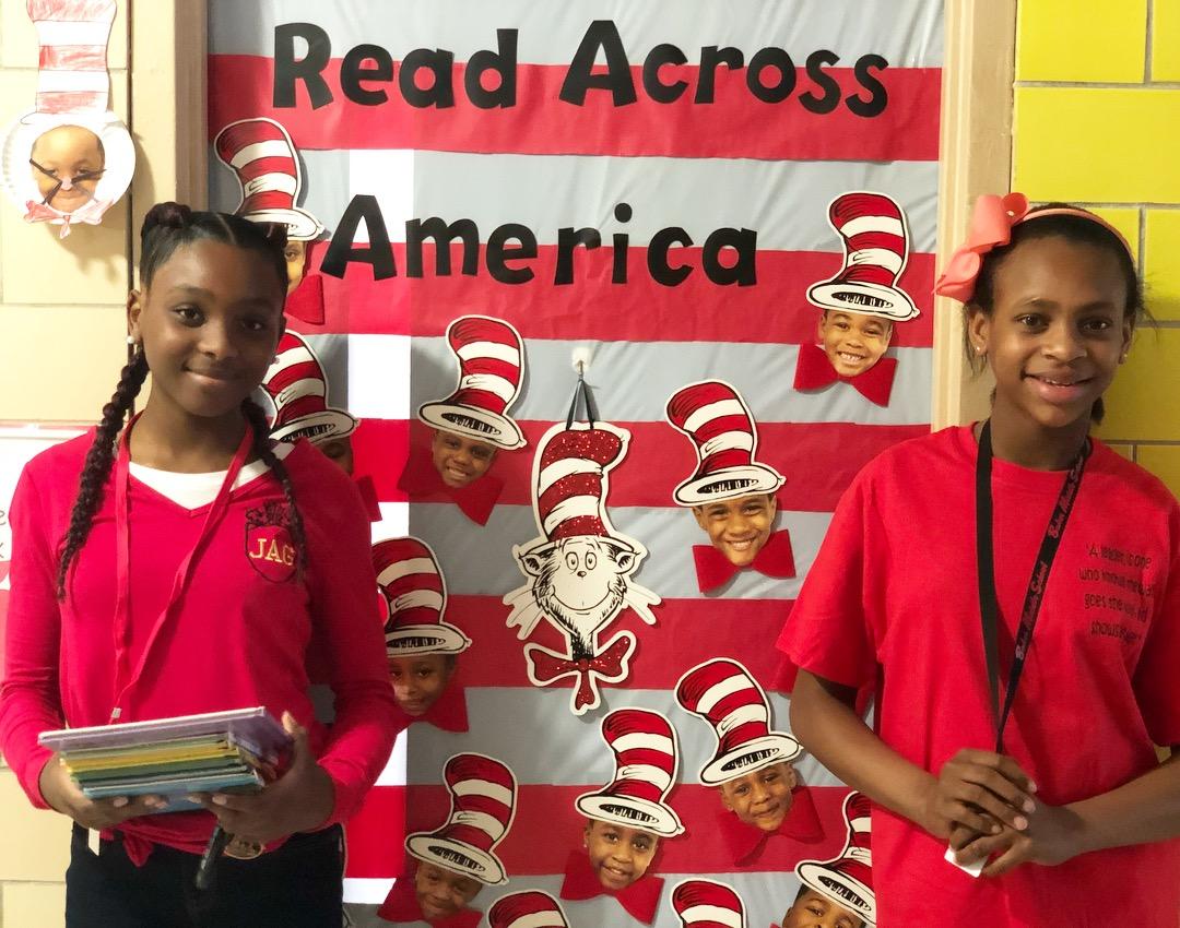 Photo highlights from the Baker Middle School JAGs reading on Seuss Day to students at Bakerfield