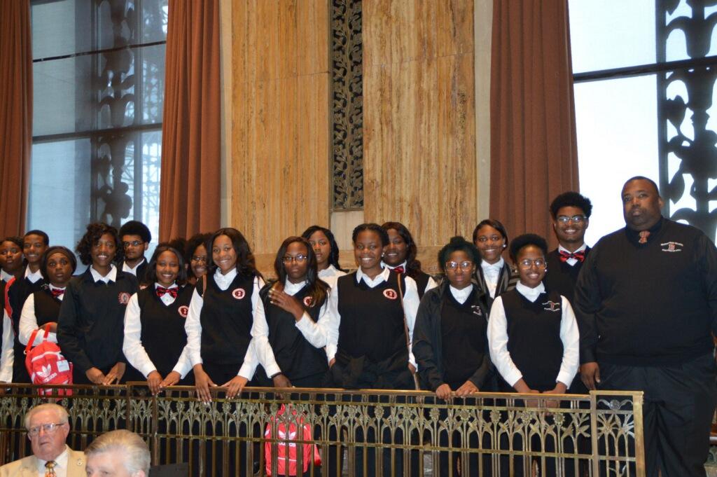 a photo of the Baker High School Symphonic Band at the Louisiana State Capital after receiving honor for representing the state at Carnegie Hall performance
