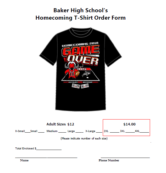 A graphic of the 2018 Baker High School T-Shirt Order Form