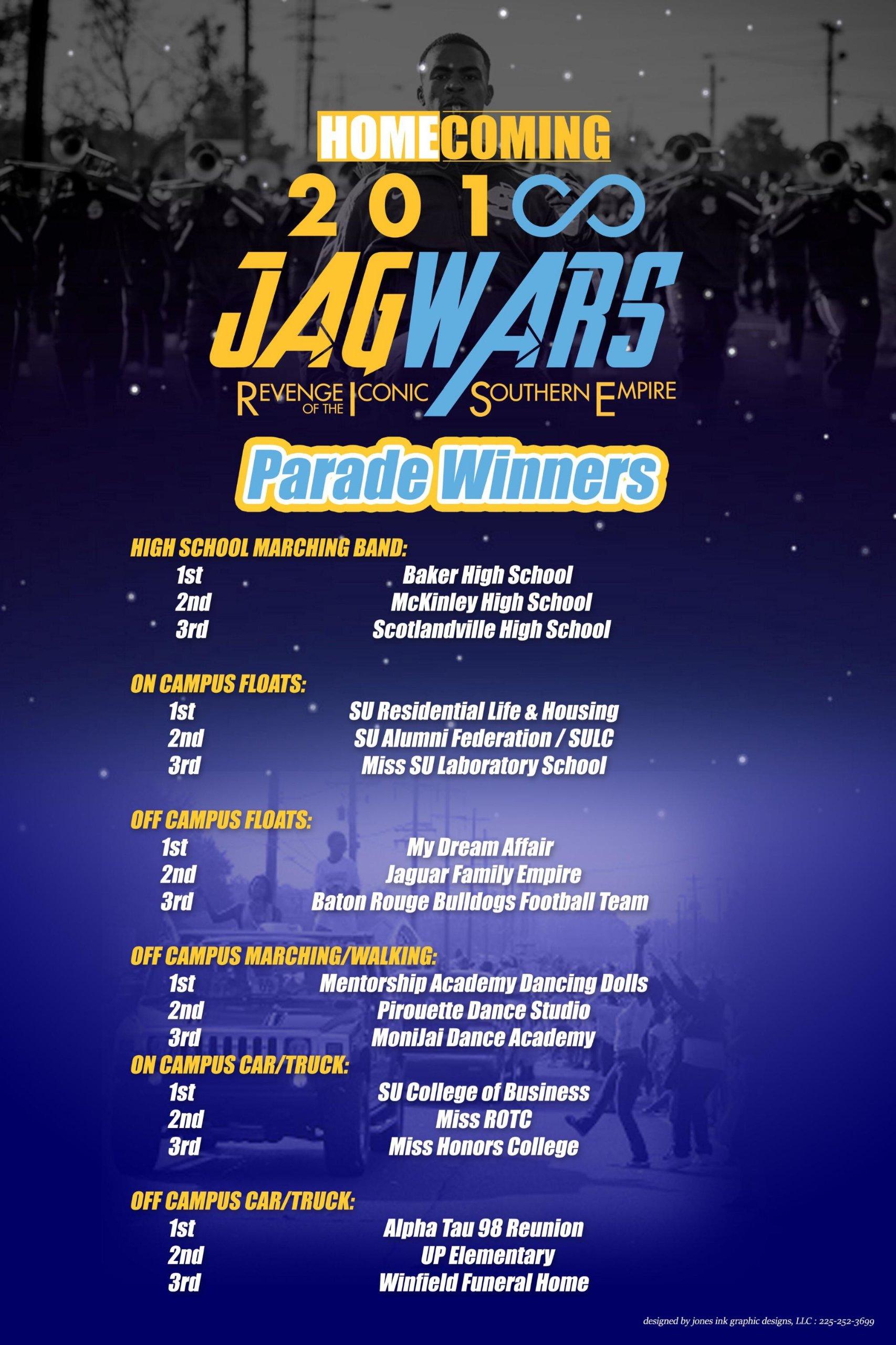 a poster from Southern University JagWars Parade Contest. It listed winners in certain categories