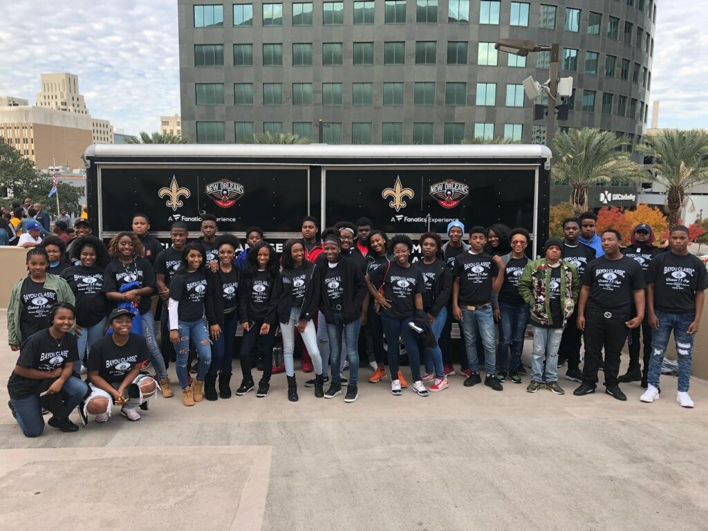 A photo of the Baker High School Band at the 2018 Bayou Classic in New Orleans