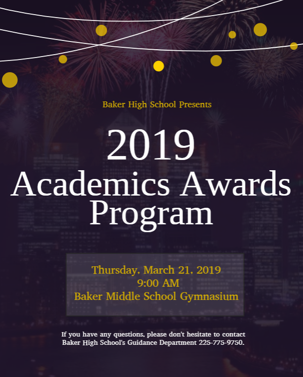 A graphic flyer announcing Baker High School's 2019 Academics Awards Program