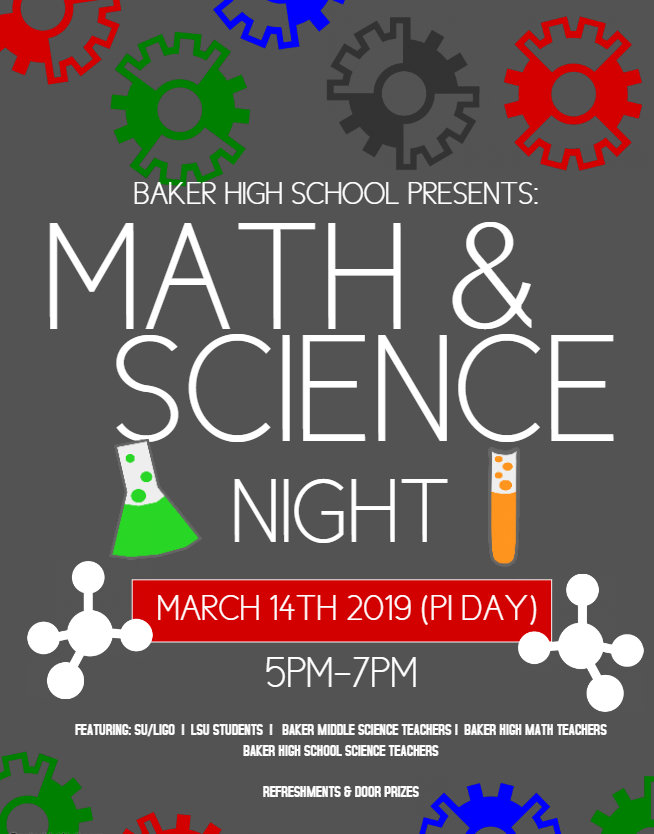  a photo of a flyer advertising the 2019 math & science night at Baker High School