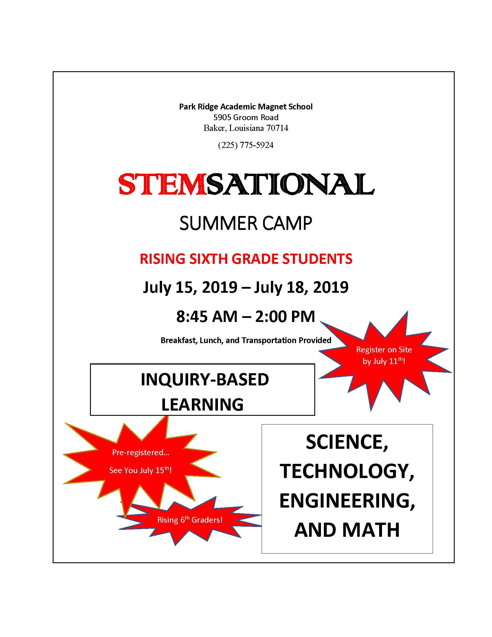 A graphic of the poster advertising the 6th grade STEM camp at Park Ridge