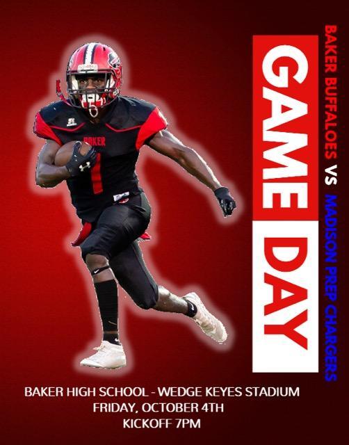 a poster that says Game Day advertising Baker vs Madison Prep