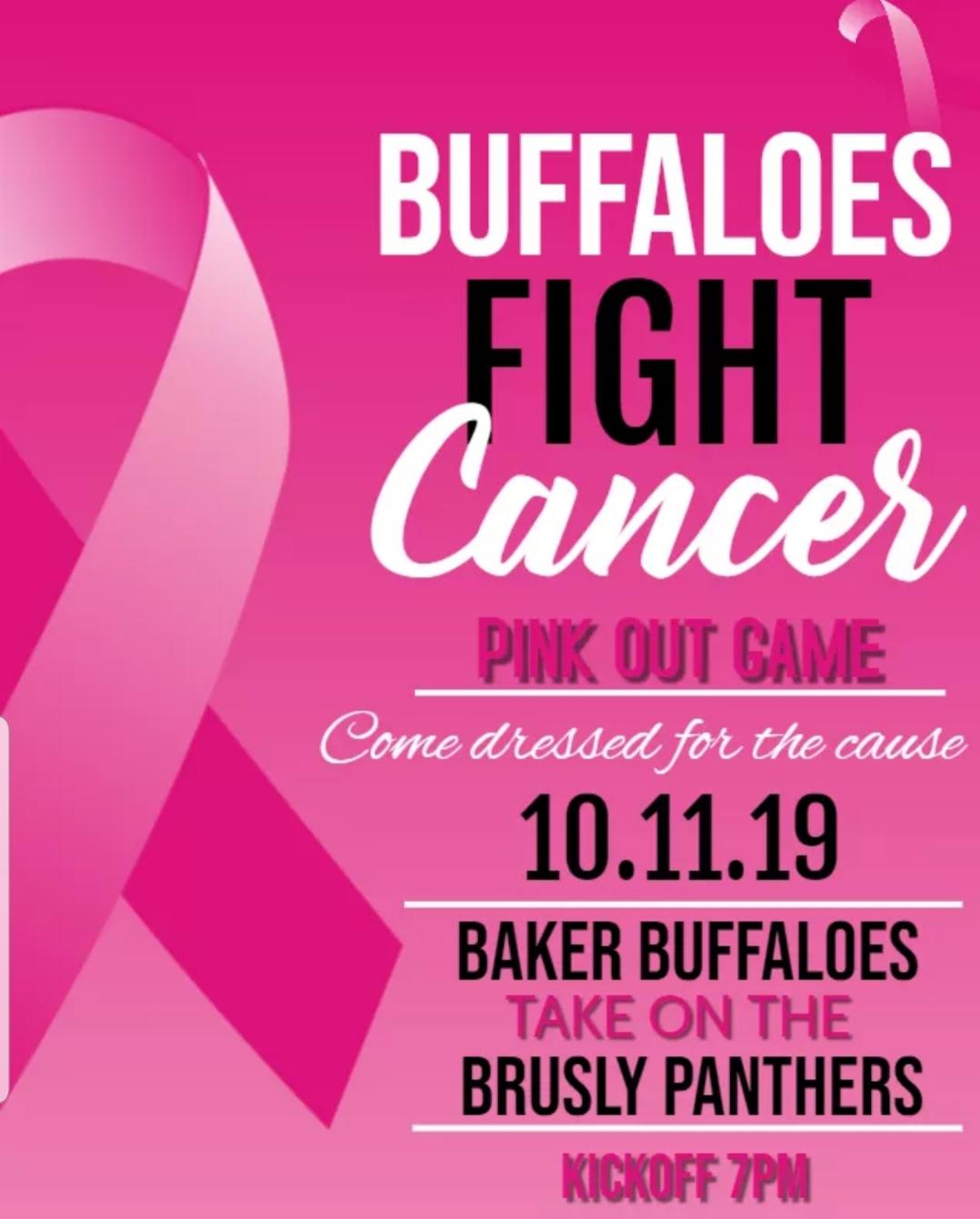 a photo of flyer advertising the Baker Buffallo game in pink fighting brest cancer