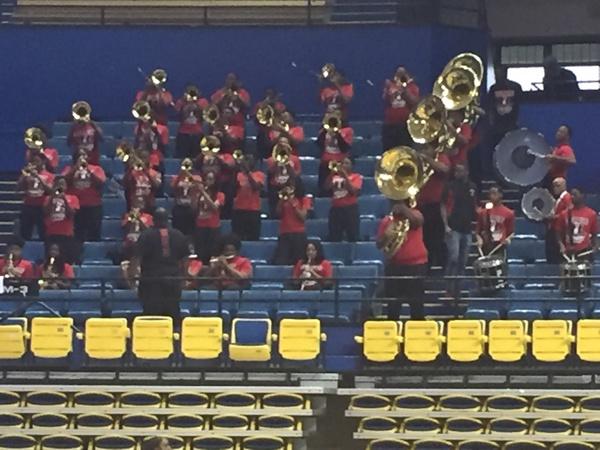 A photo of the Baker High School PEP Band performing at a Southern University Basketball Game