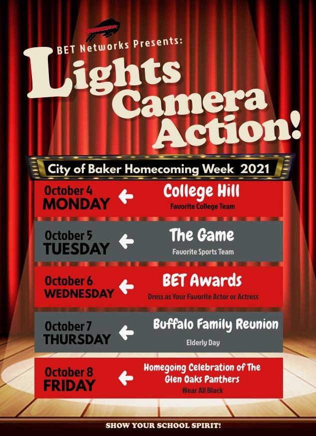 the city of baker homecoming flyer with the week's special activities