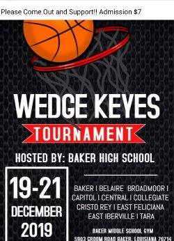 a graphic flyer promoting the Wedge Keyes basketball tournament on December 19th through the 21st