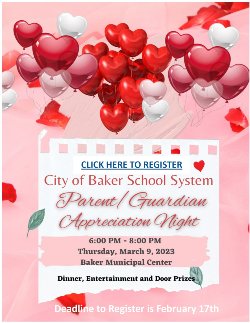 Flyer for City of Baker School Systems Parent/Guardian Appreciation Night