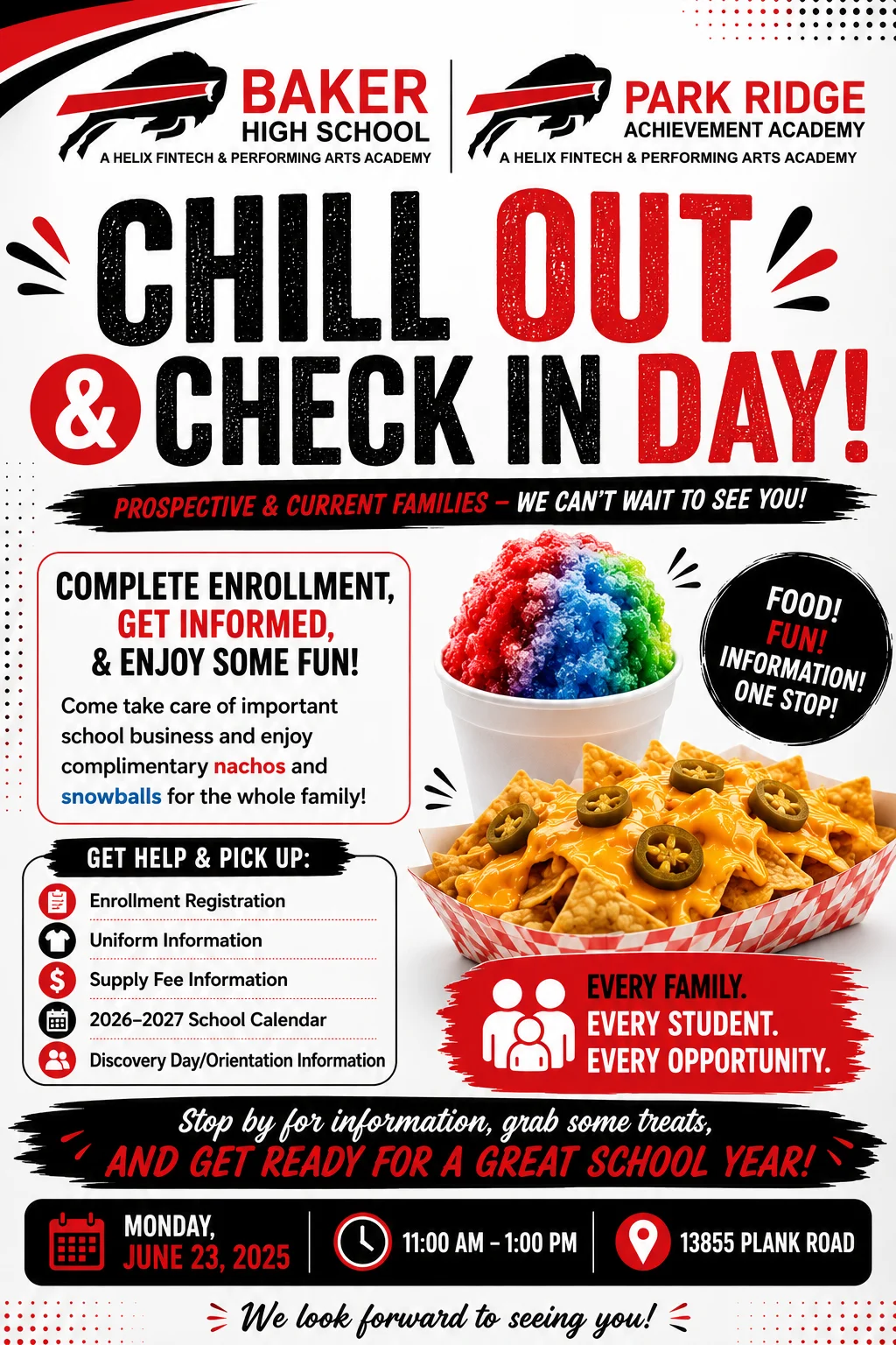 Flyer for  Baker High and Park Ridge Chill Out and Check In Day!