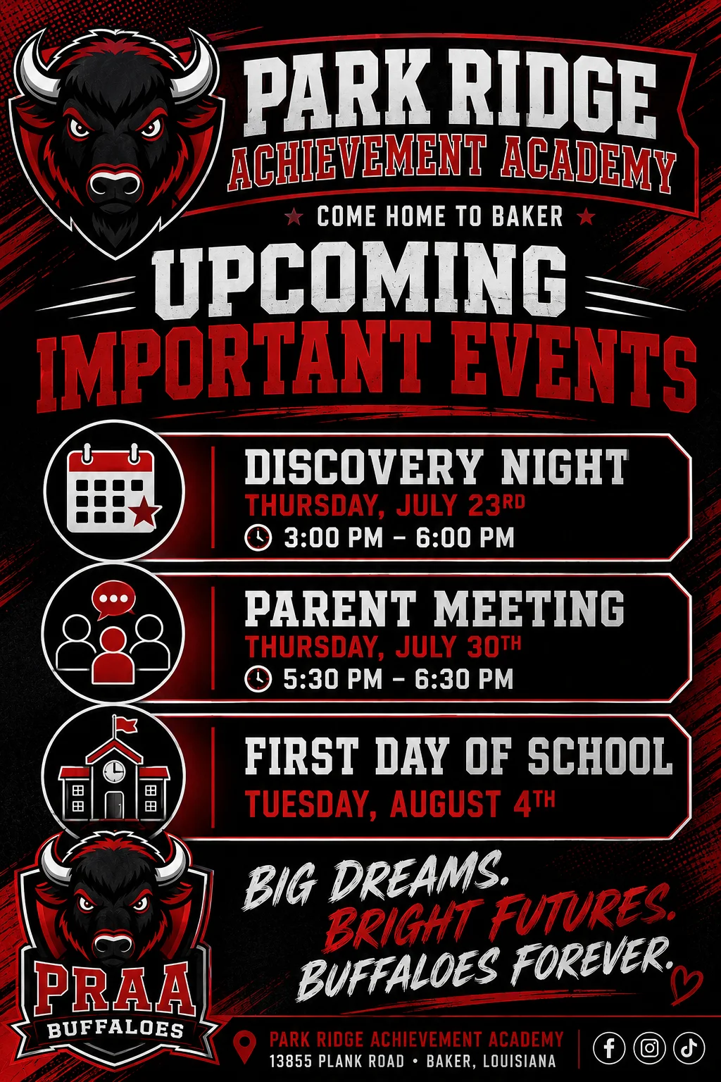 A list of upcoming event at Park Ridge
