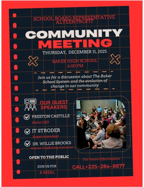 Join School Board Representative Alteen Profit for a vital community meeting discussing the future of the Baker School System.