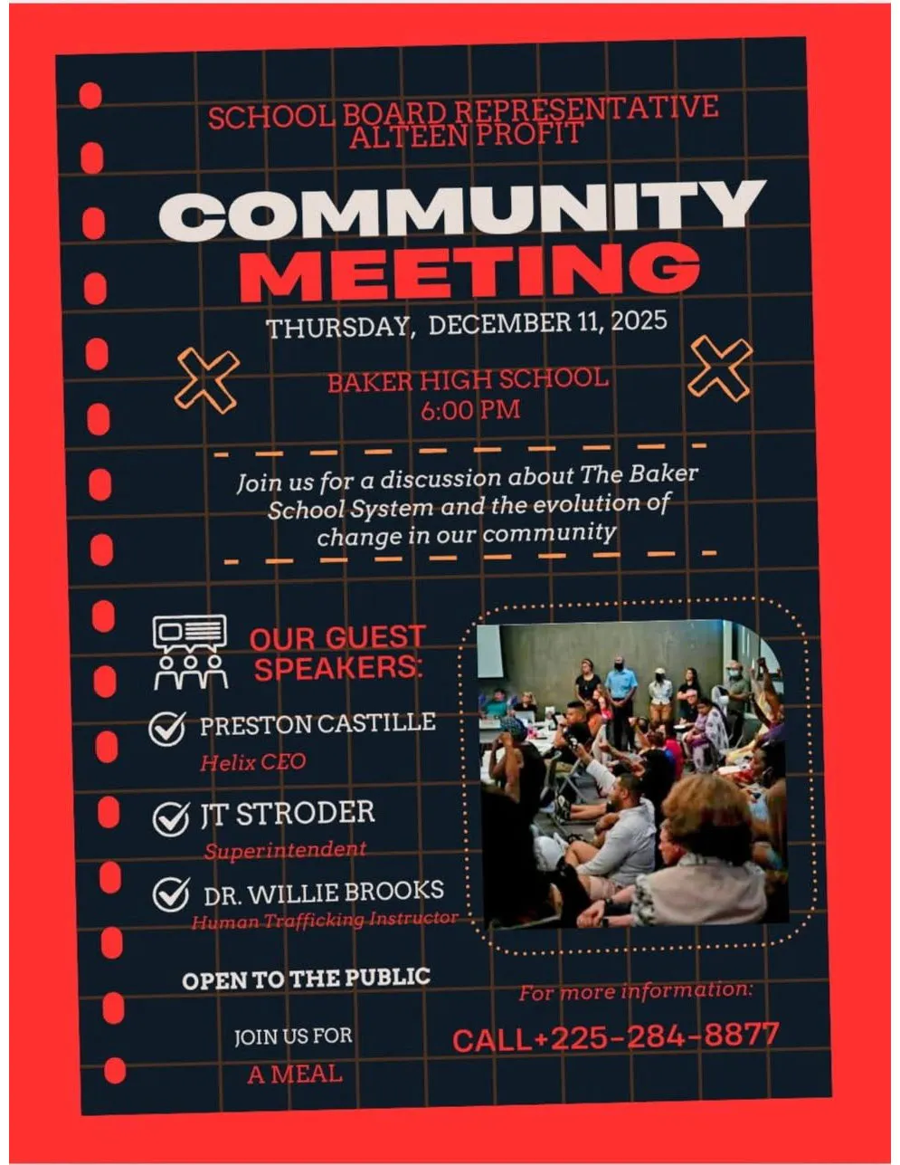 Join School Board Representative Alteen Profit for a vital community meeting discussing the future of the Baker School System.