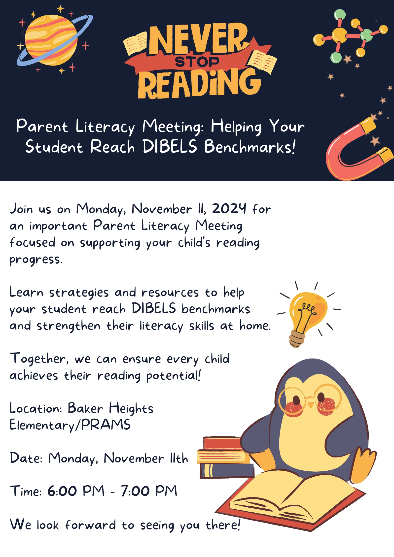 Flyer of Parent Literacy Meeting for Baker Heights/Park Ridge Academic Magnet Elementary